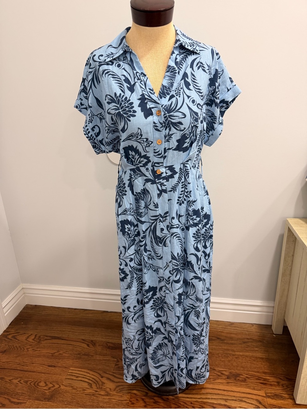 Zara Light Blue Maxi Dress with Navy Floral Print